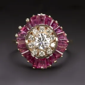 VINTAGE DIAMOND RUBY COCKTAIL RING 14k YELLOW GOLD BALLERINA CLUSTER NATURAL