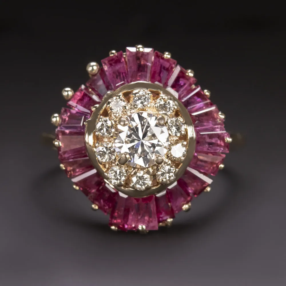 VINTAGE DIAMOND RUBY COCKTAIL RING 14k YELLOW GOLD BALLERINA CLUSTER NATURAL