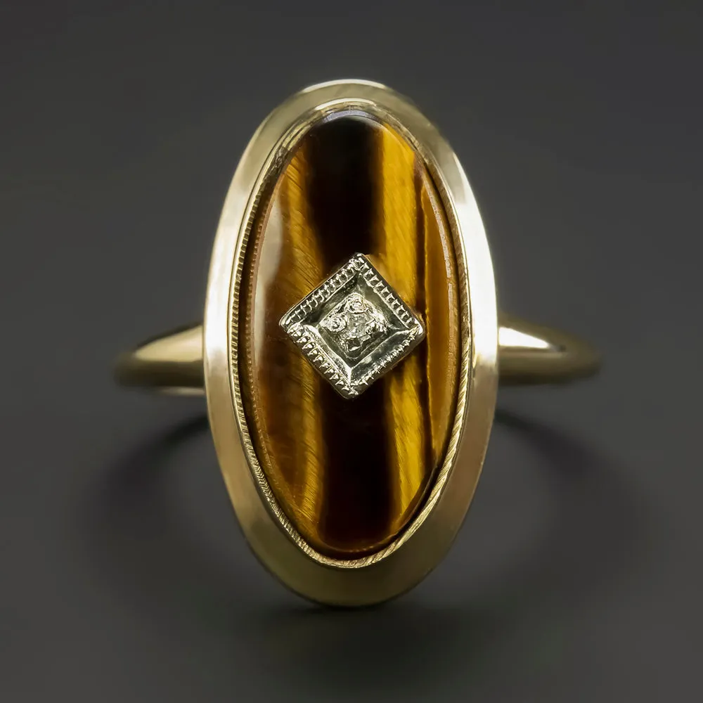 VINTAGE DIAMOND TIGER'S EYE COCKTAIL RING 10K YELLOW GOLD OVAL SHAPE NATURAL
