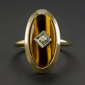 VINTAGE DIAMOND TIGER'S EYE COCKTAIL RING 10K YELLOW GOLD OVAL SHAPE NATURAL