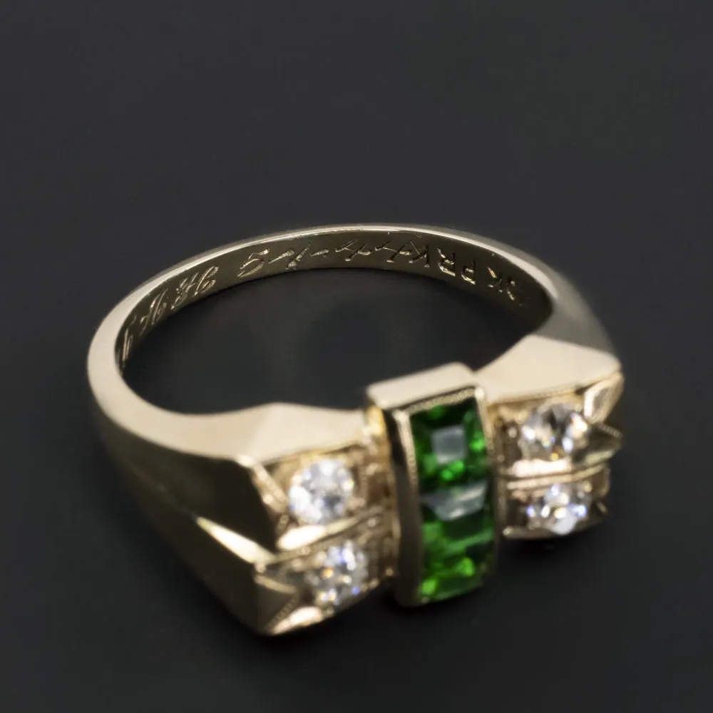 VINTAGE EMERALD OLD CUT DIAMOND COCKTAIL RING 1944 RETRO ERA CHUNKY YELLOW GOLD