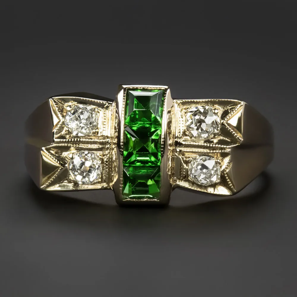 VINTAGE EMERALD OLD CUT DIAMOND COCKTAIL RING 1944 RETRO ERA CHUNKY YELLOW GOLD