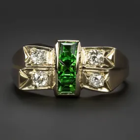 VINTAGE EMERALD OLD CUT DIAMOND COCKTAIL RING 1944 RETRO ERA CHUNKY YELLOW GOLD