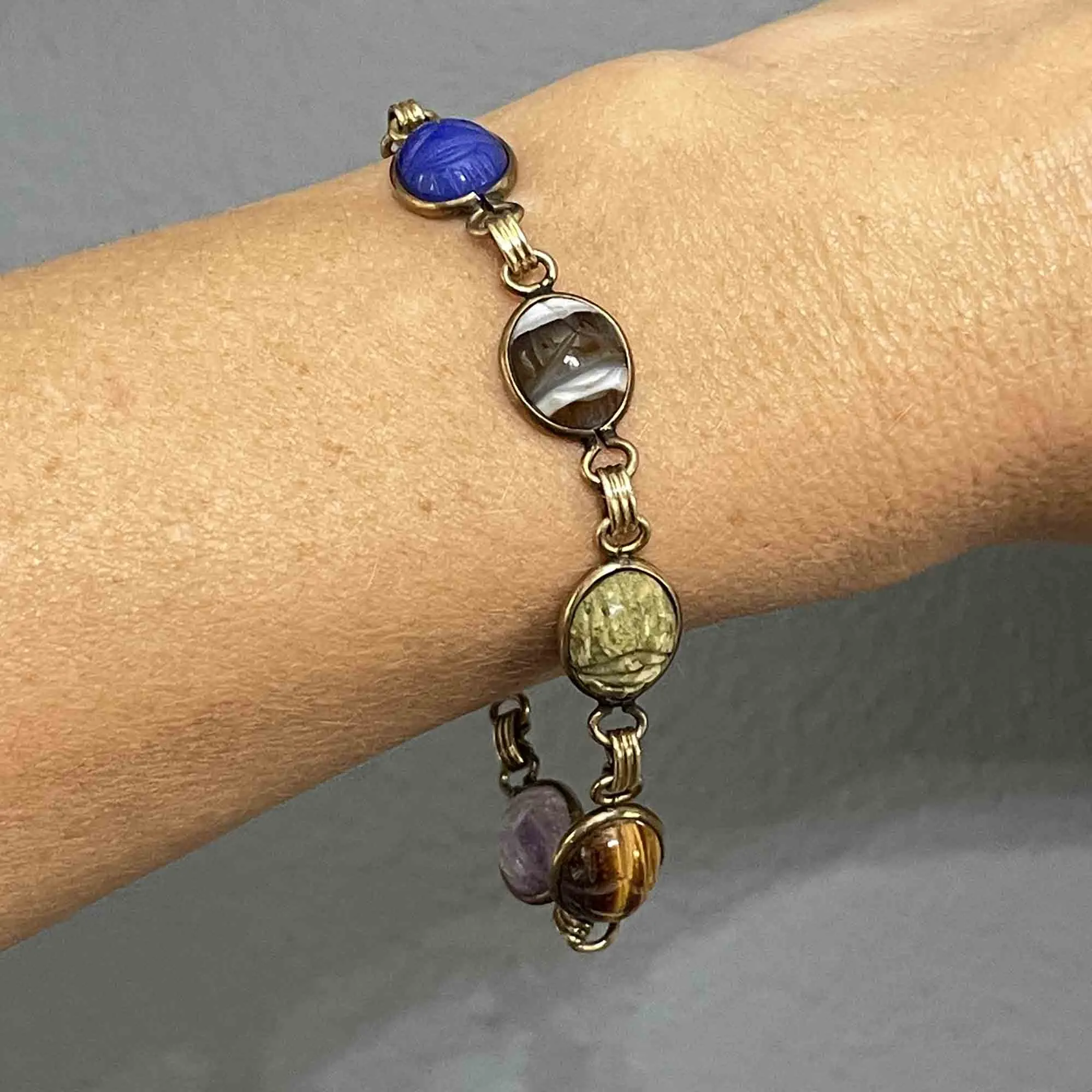Vintage Gold Gemstone Egyptian Beetle Bug Scarab Bracelet