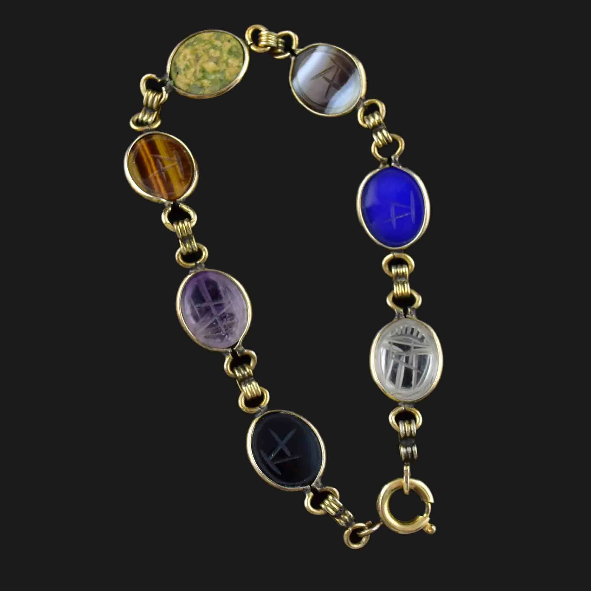 Vintage Gold Gemstone Egyptian Beetle Bug Scarab Bracelet