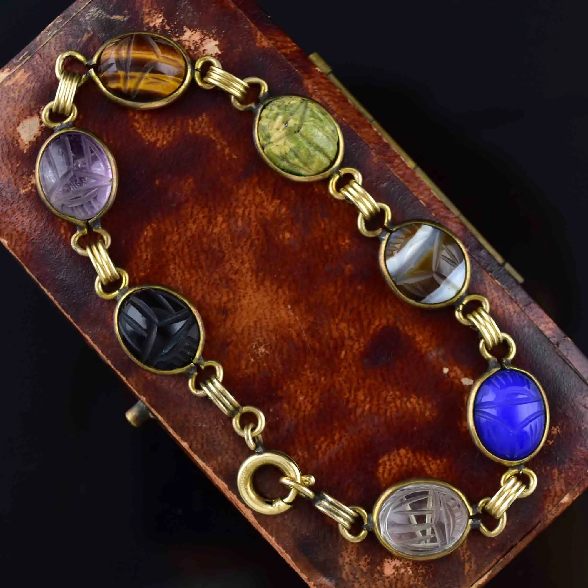 Vintage Gold Gemstone Egyptian Beetle Bug Scarab Bracelet