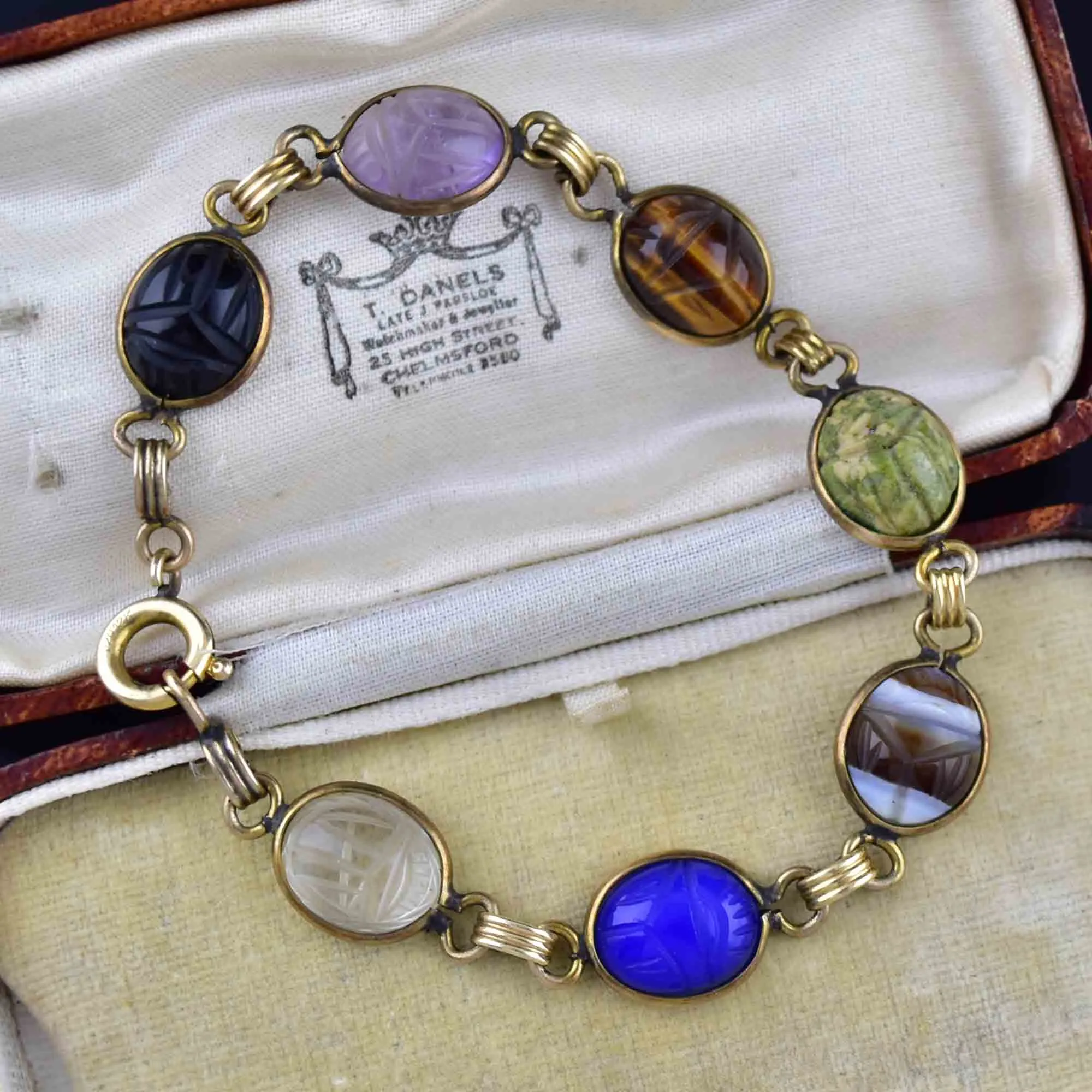 Vintage Gold Gemstone Egyptian Beetle Bug Scarab Bracelet
