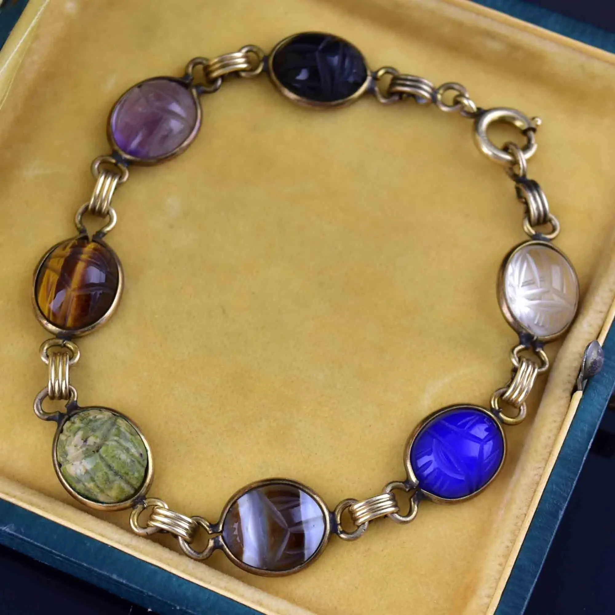 Vintage Gold Gemstone Egyptian Beetle Bug Scarab Bracelet