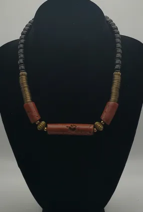 Vintage Handmade Red Jasper, Brass and Glass Necklace - 18.5"