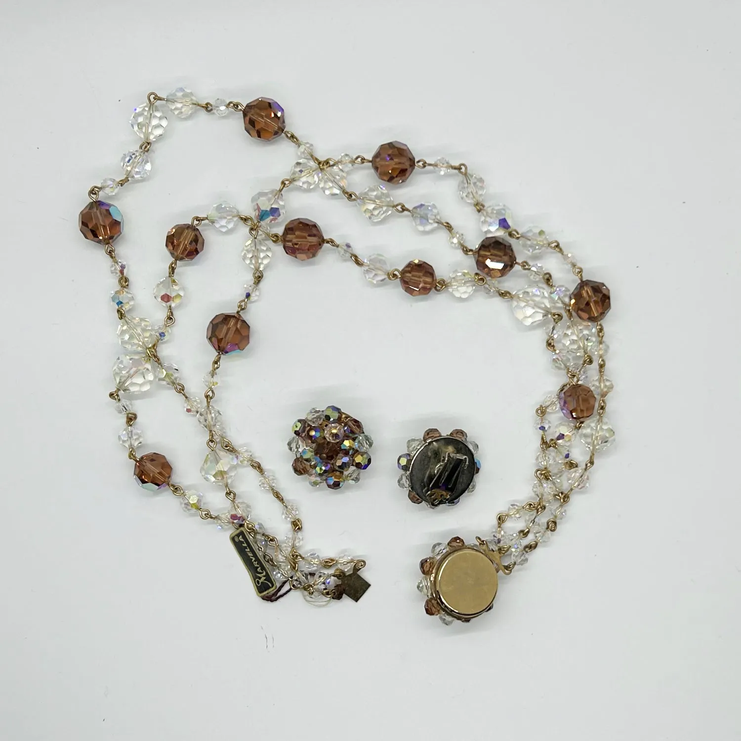 Vintage Marvella Three Strand Crystal Necklace and Earrings with Tags