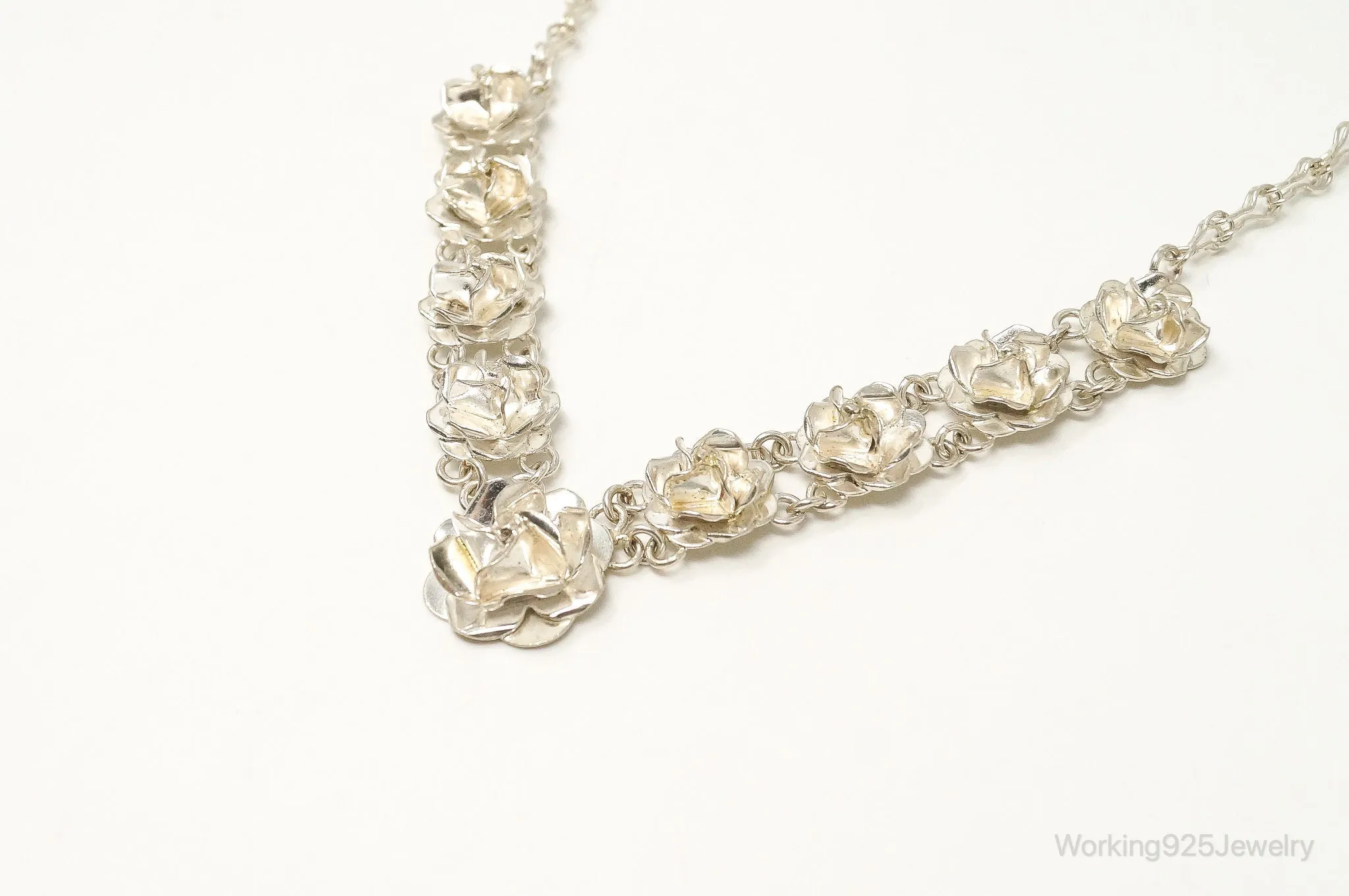Vintage Mexico 3D Flowers Bloom Sterling Silver Necklace