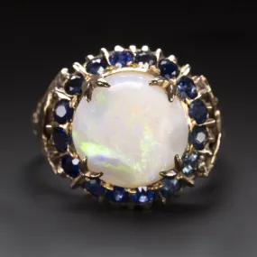 VINTAGE OPAL SAPPHIRE COCKTAIL RING 18k YELLOW GOLD HAND ENGRAVED HALO ESTATE