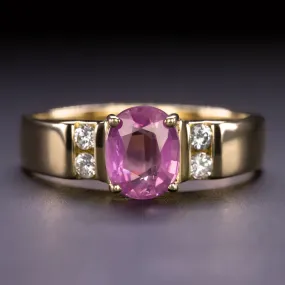 VINTAGE PINK SAPPHIRE DIAMOND COCKTAIL RING 14k YELLOW GOLD OVAL SHAPE WIDE BAND