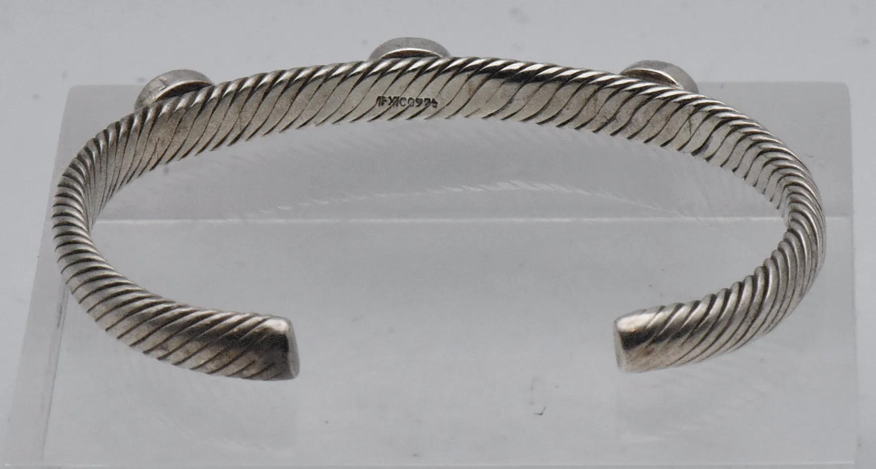 Vintage Sterling Silver Pink Cat's Eye Glass Cuff Bracelet