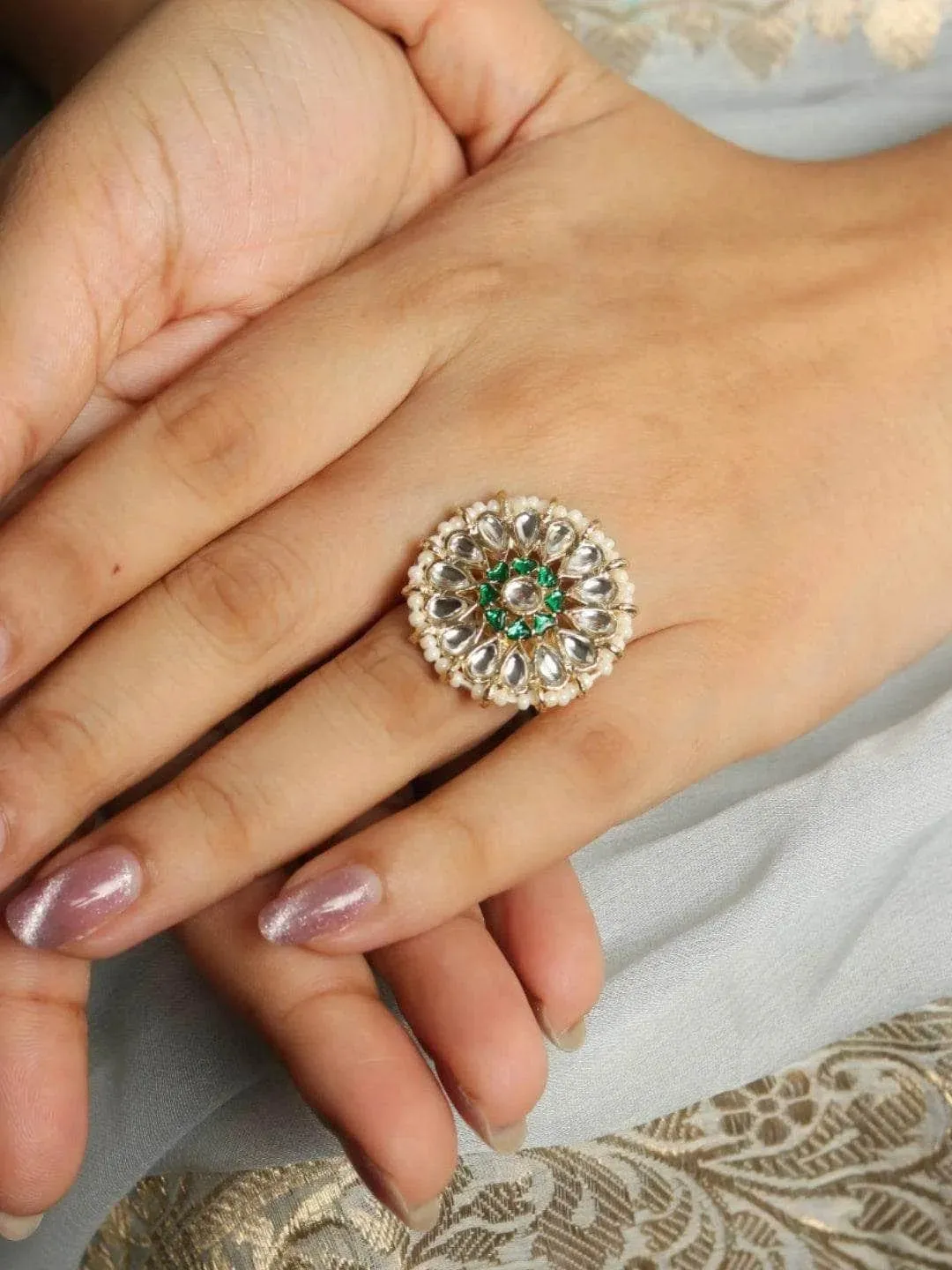White And Green Kundan Ring