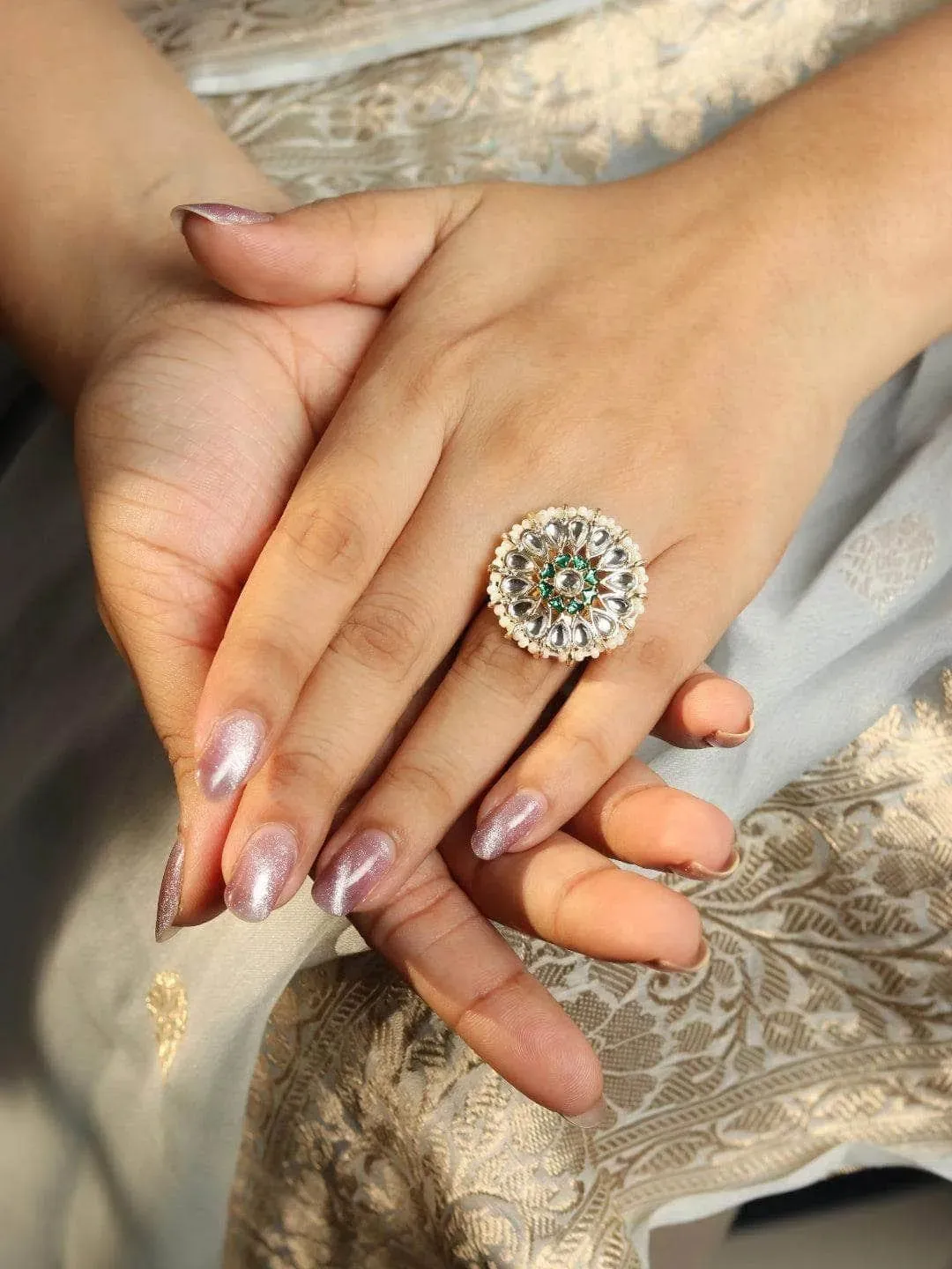 White And Green Kundan Ring