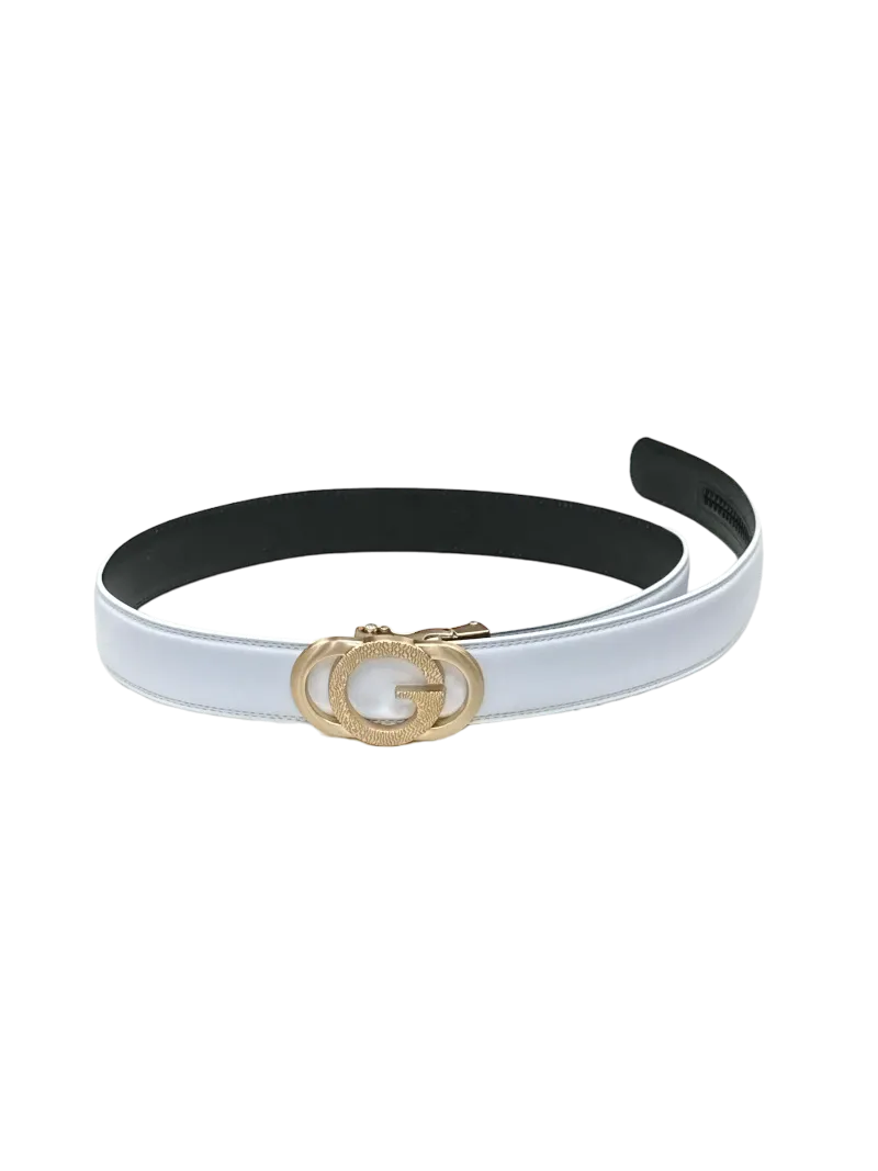 White Men's Gold Buckle Belt Genuine Leather Luxury Style