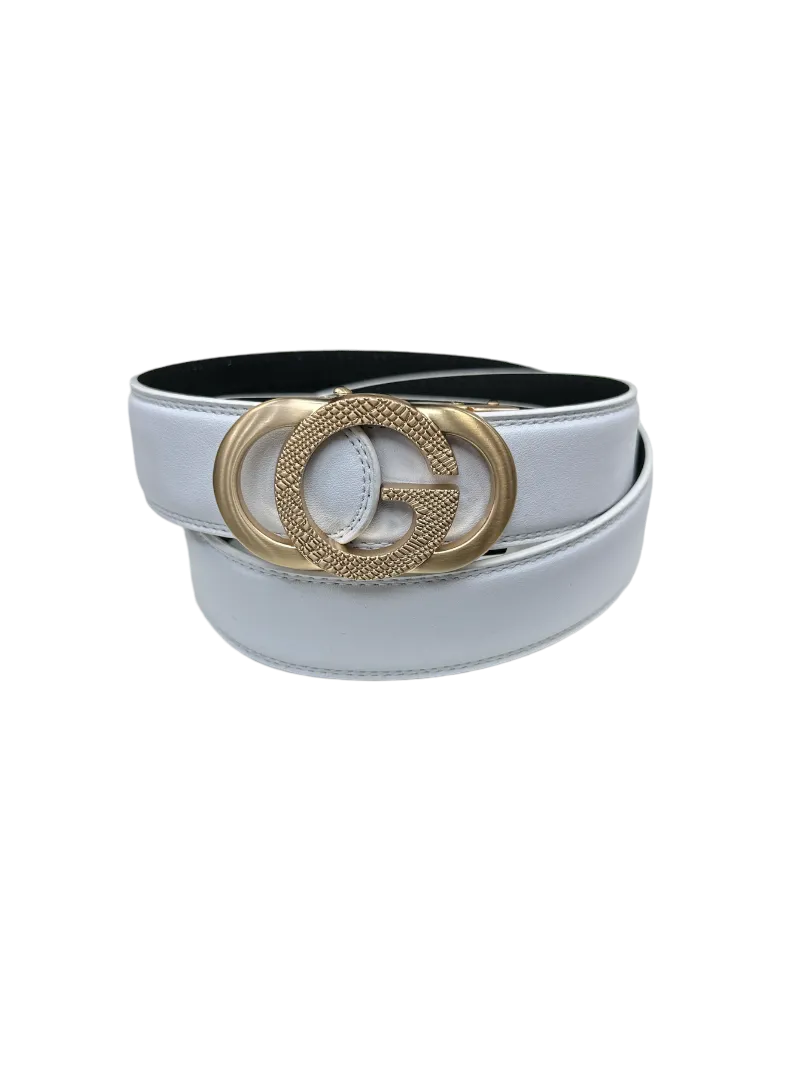 White Men's Gold Buckle Belt Genuine Leather Luxury Style
