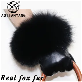 Women's High-End Leather Sheepskin Gloves With Fox Fur, Otter Rabbit & Mink Fur Trim