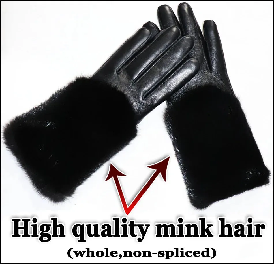 Women's High-End Leather Sheepskin Gloves With Fox Fur, Otter Rabbit & Mink Fur Trim