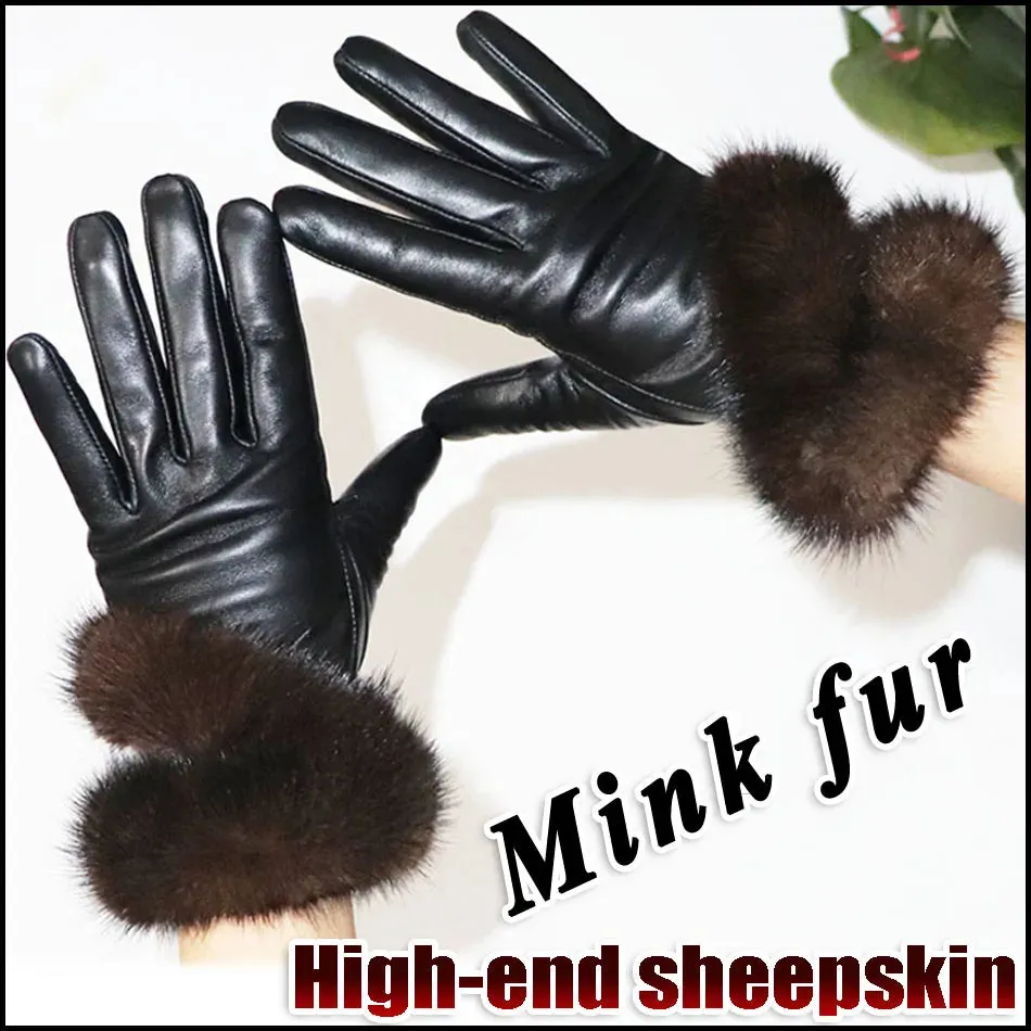 Women's High-End Leather Sheepskin Gloves With Fox Fur, Otter Rabbit & Mink Fur Trim