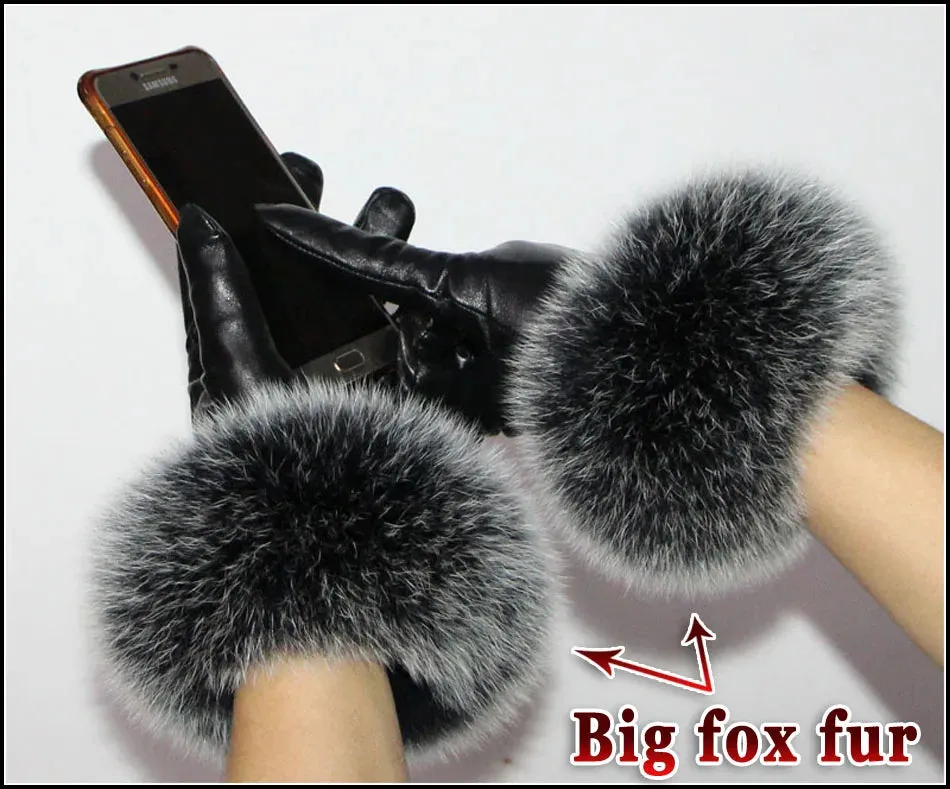 Women's High-End Leather Sheepskin Gloves With Fox Fur, Otter Rabbit & Mink Fur Trim