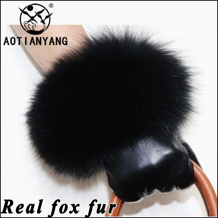 Women's High-End Leather Sheepskin Gloves With Fox Fur, Otter Rabbit & Mink Fur Trim