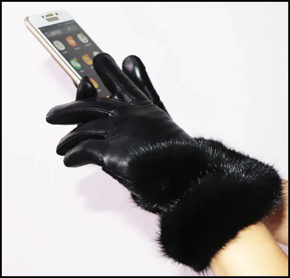 Women's High-End Leather Sheepskin Gloves With Fox Fur, Otter Rabbit & Mink Fur Trim