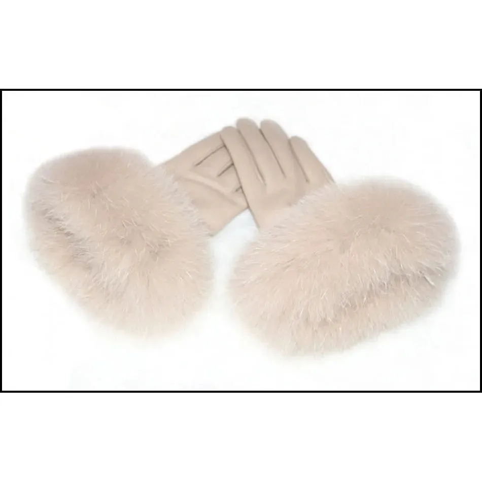 Women's High-End Leather Sheepskin Gloves With Fox Fur, Otter Rabbit & Mink Fur Trim