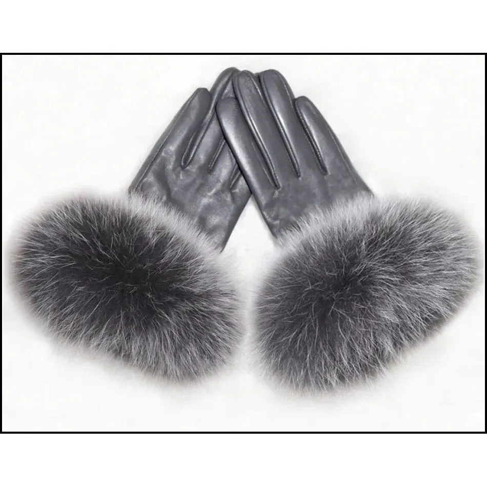 Women's High-End Leather Sheepskin Gloves With Fox Fur, Otter Rabbit & Mink Fur Trim