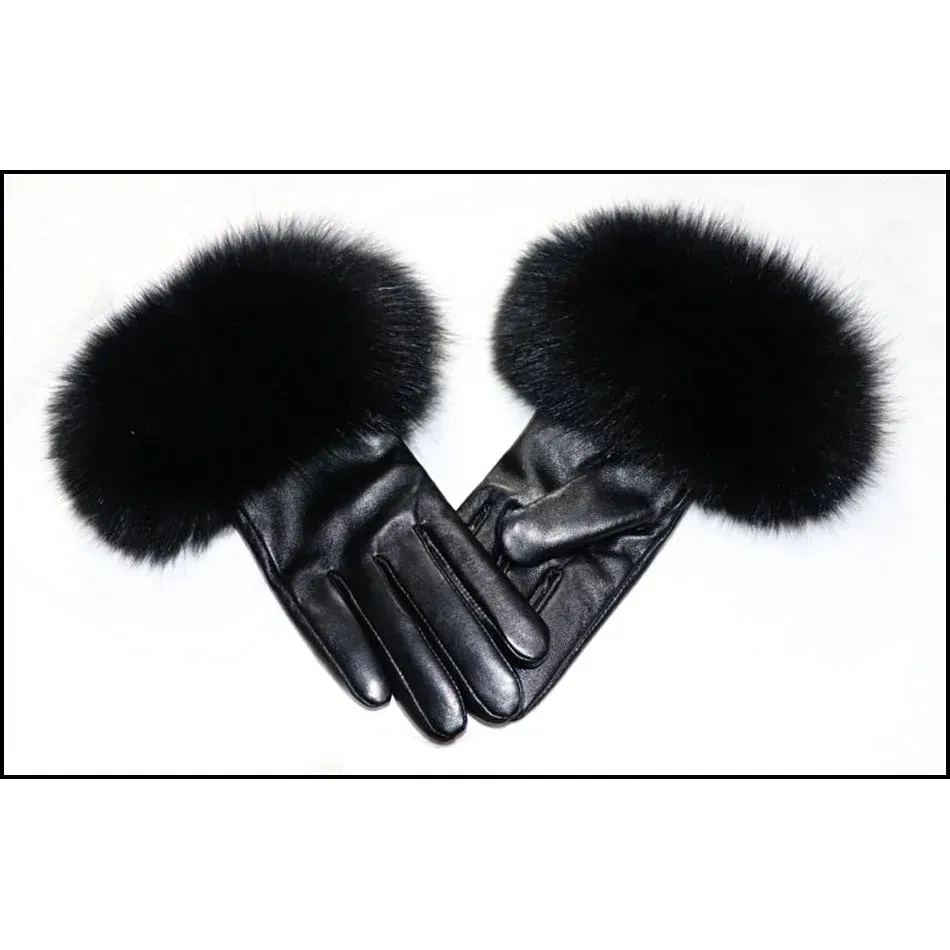 Women's High-End Leather Sheepskin Gloves With Fox Fur, Otter Rabbit & Mink Fur Trim