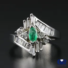Women's Marquise Emerald & Diamond Cocktail Ring Right Hand Ring In 14K White Gold