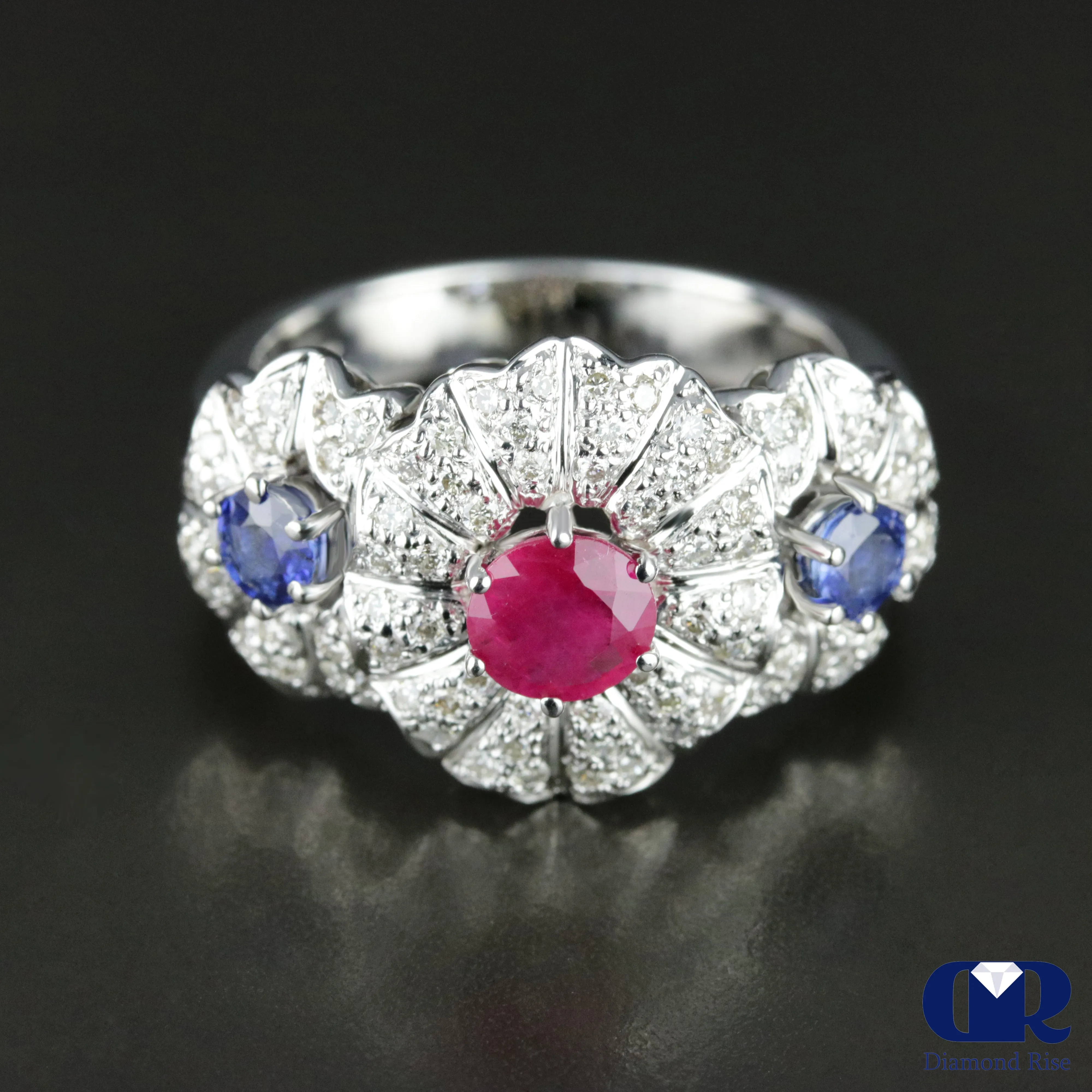 Women's Ruby Sapphire & Diamond Cocktail Ring Right Hand Ring In 14K  Gold