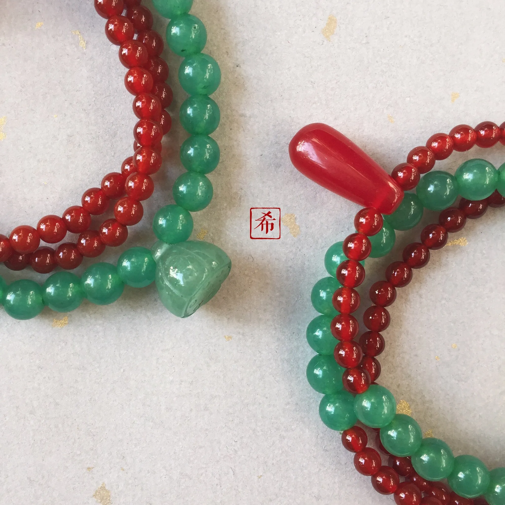 Yin Yang Red Onyx and Green Jade Beaded Bracelet, Gem Stone Meditation Bracelet