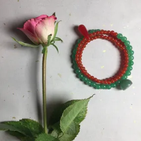 Yin Yang Red Onyx and Green Jade Beaded Bracelet, Gem Stone Meditation Bracelet